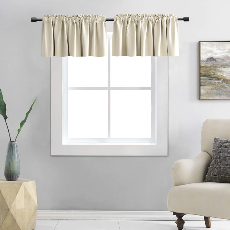 DONREN 2 Panels Cream Beige Curtain Valances for Kitchen 42 x 15 Inches Long Room Darkening Rod Pocket Valances - Image 1
